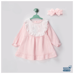 Evokids Kız Bebek Desenli Kurdeleli Pembe Elbise - 2